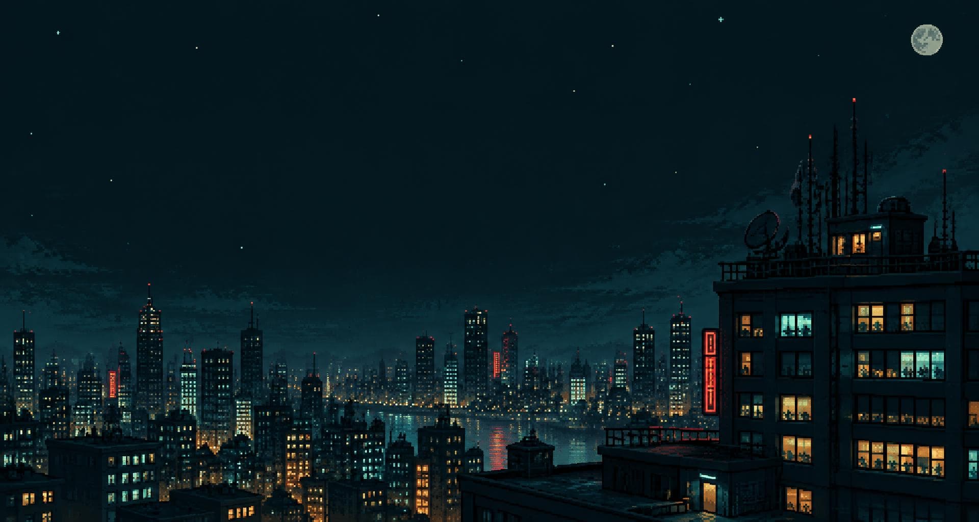 Pixel-art city skyline at night under rain